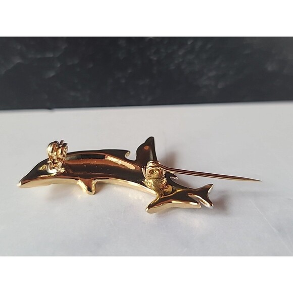 Two Toned Dolphin Shaped Brooch Vintage Costume Jewelry - Picture 5 of 10